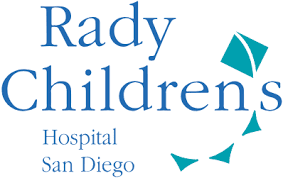 A blue and white logo for the rady children 's hospital in san diego.