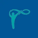 A blue logo of a person doing an acrobatic pose.